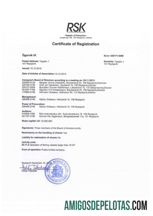 Exemplo de certificado de registro da Islândia